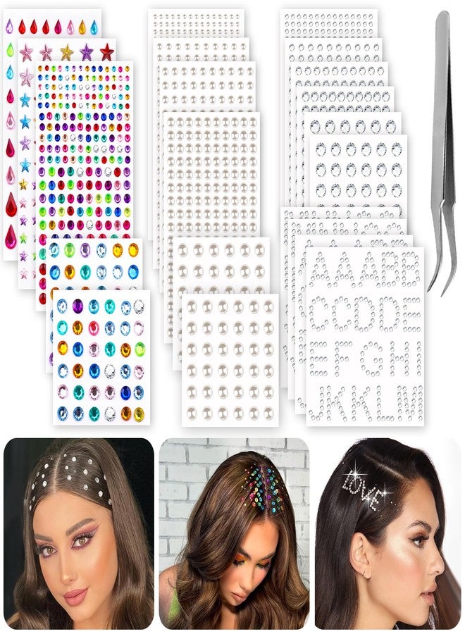 XANGNIER 2609 Pieces Hair Gems,Hair Jewels Diamonds and Letters Rhinestones with Tweezers,Hair Pearls Stick on,Self Adhesive Bling Rhinestone Stickers for Crafts,Face,Eye,Nail,Clothing,6 Shapes, 3-8mm - Image 1